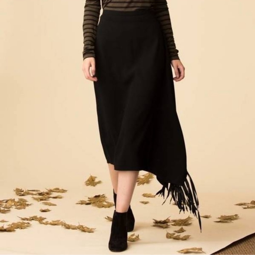 Tibi Black Asymmetric Fringe Pencil Skirt
